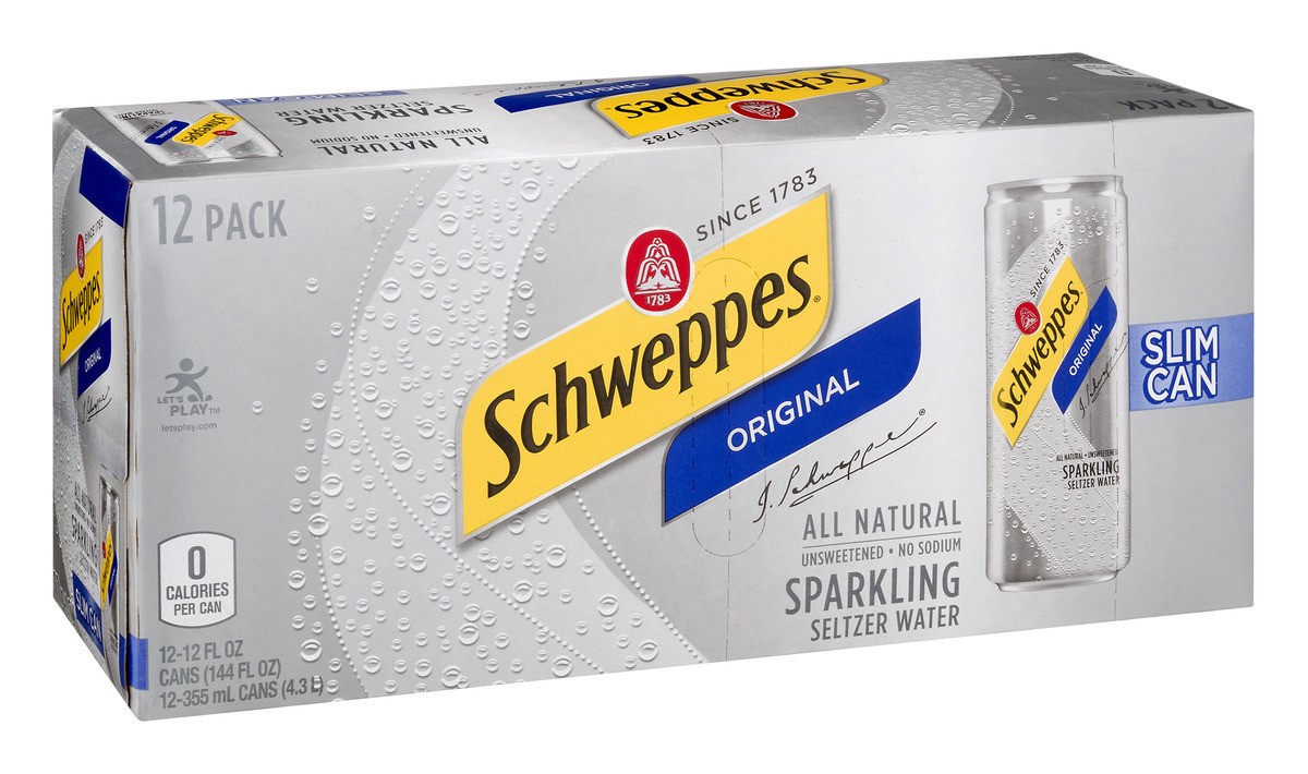 slide 6 of 9, Schweppes Original Sparkling Seltzer Water, 12 fl oz slim cans, 12 pack, 12 ct