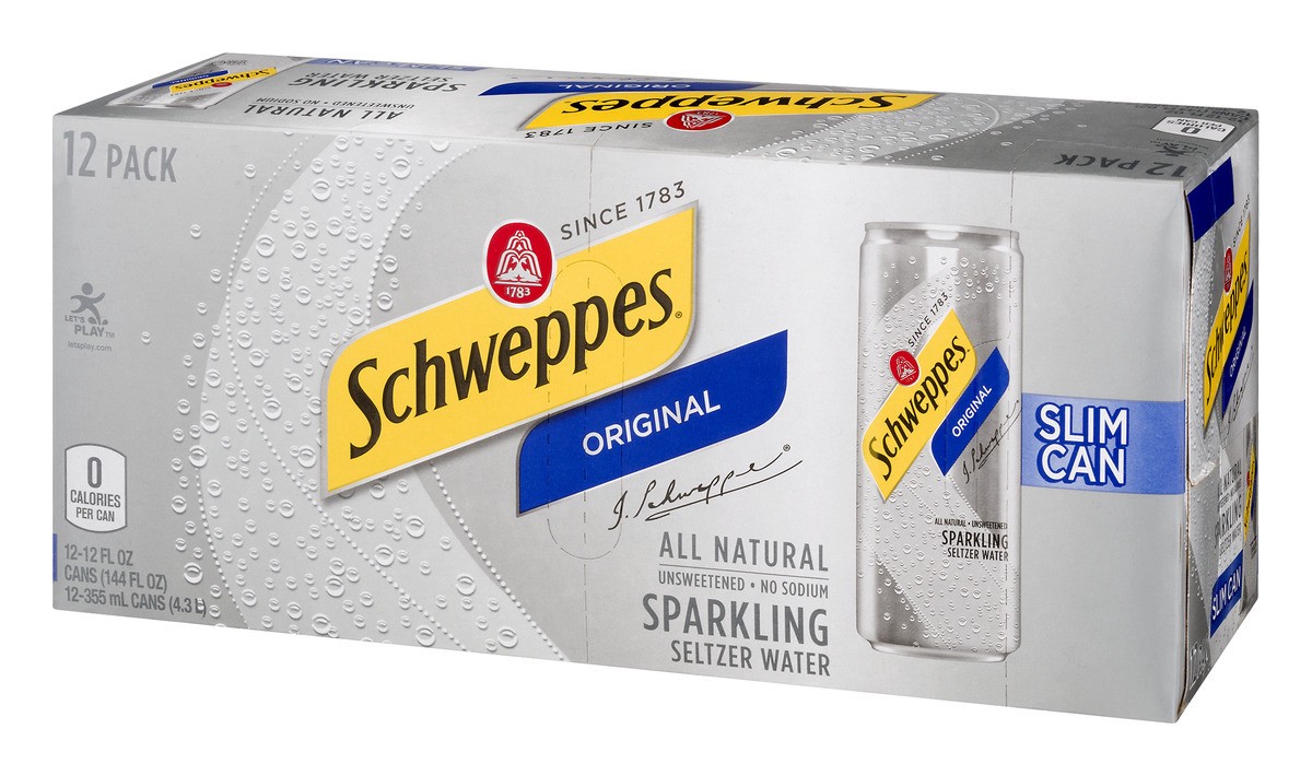 slide 8 of 9, Schweppes Original Sparkling Seltzer Water, 12 fl oz slim cans, 12 pack, 12 ct