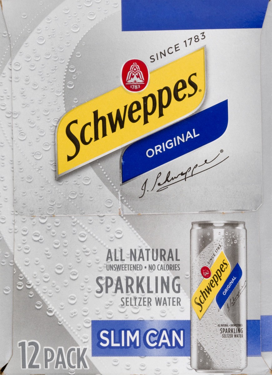 slide 7 of 9, Schweppes Original Sparkling Seltzer Water, 12 fl oz slim cans, 12 pack, 12 ct