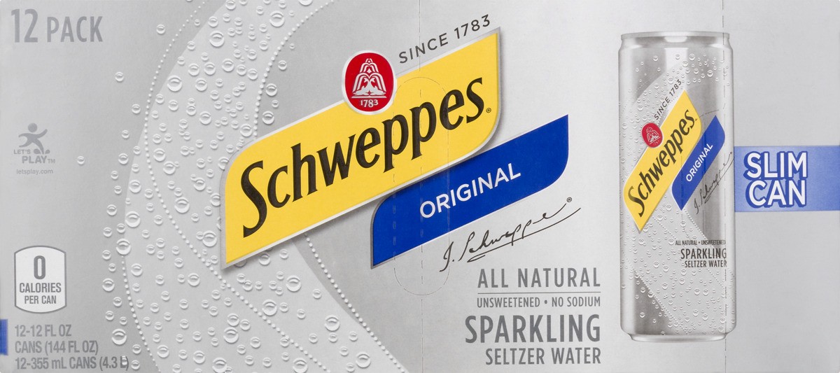 slide 4 of 9, Schweppes Original Sparkling Seltzer Water, 12 fl oz slim cans, 12 pack, 12 ct