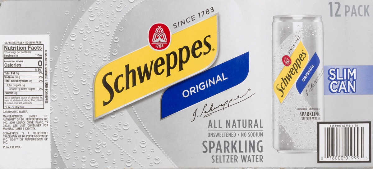 slide 9 of 9, Schweppes Original Sparkling Seltzer Water, 12 fl oz slim cans, 12 pack, 12 ct