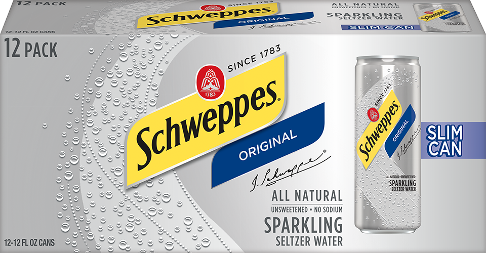 slide 1 of 9, Schweppes Original Sparkling Seltzer Water, 12 fl oz slim cans, 12 pack, 12 ct