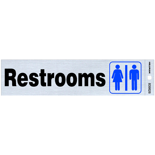 slide 1 of 1, Hillman Nickel Adhesive Restrooms Sign, 2'' x 8'', 1 ct