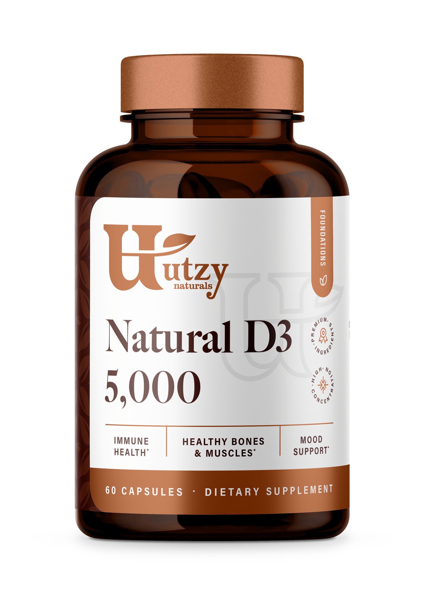 slide 1 of 1, Utzy Naturals Natural D3 5,000 IU Capsules, 60 ct