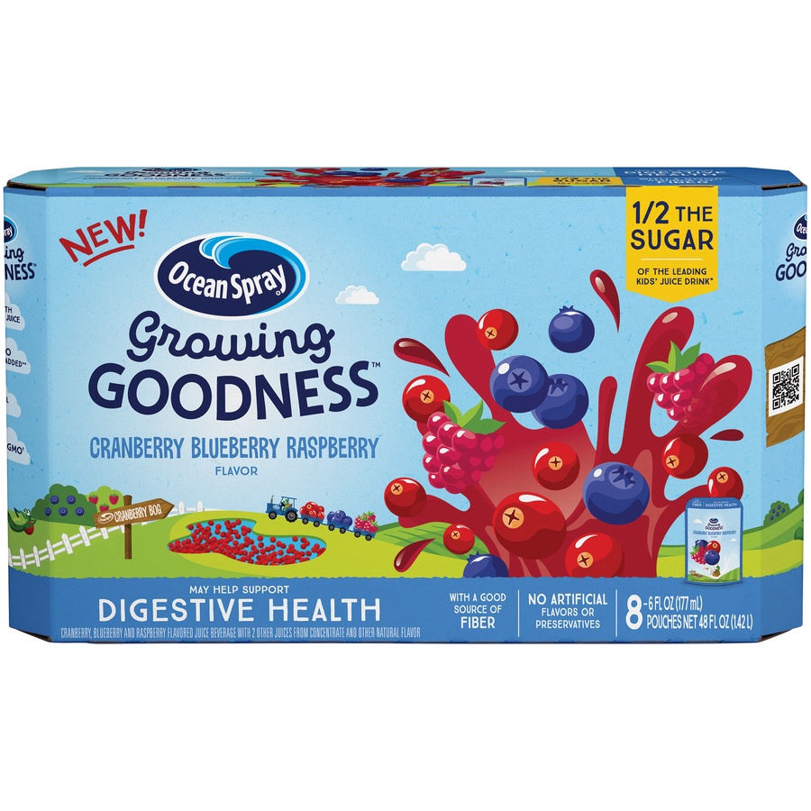 slide 1 of 1, Ocean Spray Growing Goodness Cranberry Blueberry Raspberry Digestive Health Juice Pouches, 8 ct; 6 fl oz