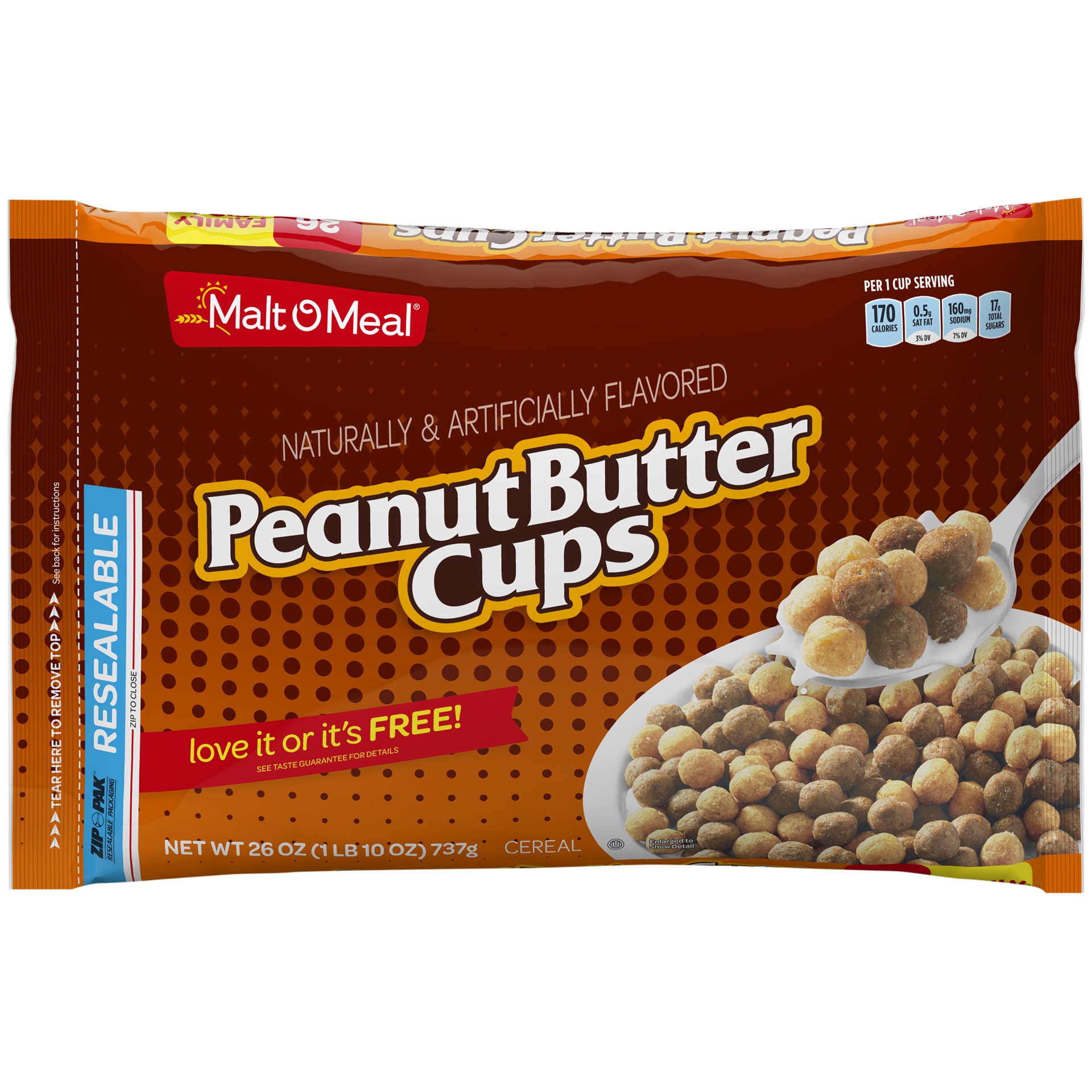 slide 1 of 2, Malt-O-Meal Peanut Butter Cups Breakfast Cereal, Family Size Bulk Bagged Cereal, 26 Ounce - 1 count, 26 oz