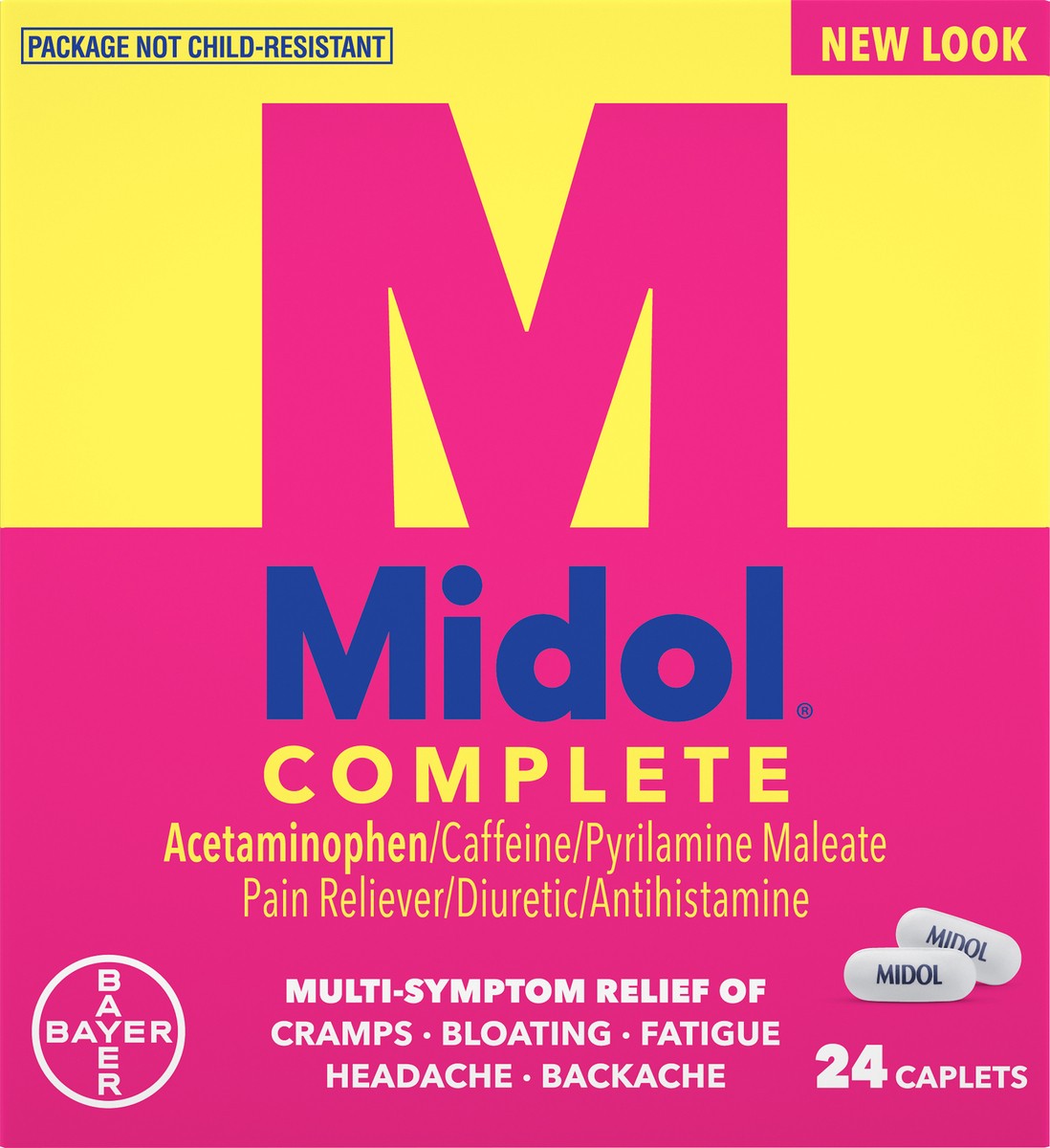 slide 1 of 8, Midol Complete Caplets Pain Reliever/Diuretic/Antihistamine 24 ea Box, 24 ct