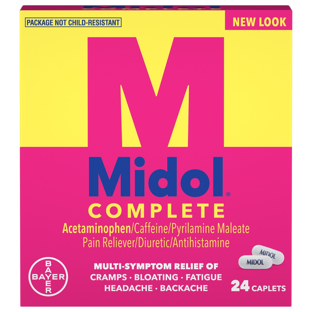 slide 1 of 8, Midol Complete Caplets Pain Reliever/Diuretic/Antihistamine 24 ea Box, 24 ct