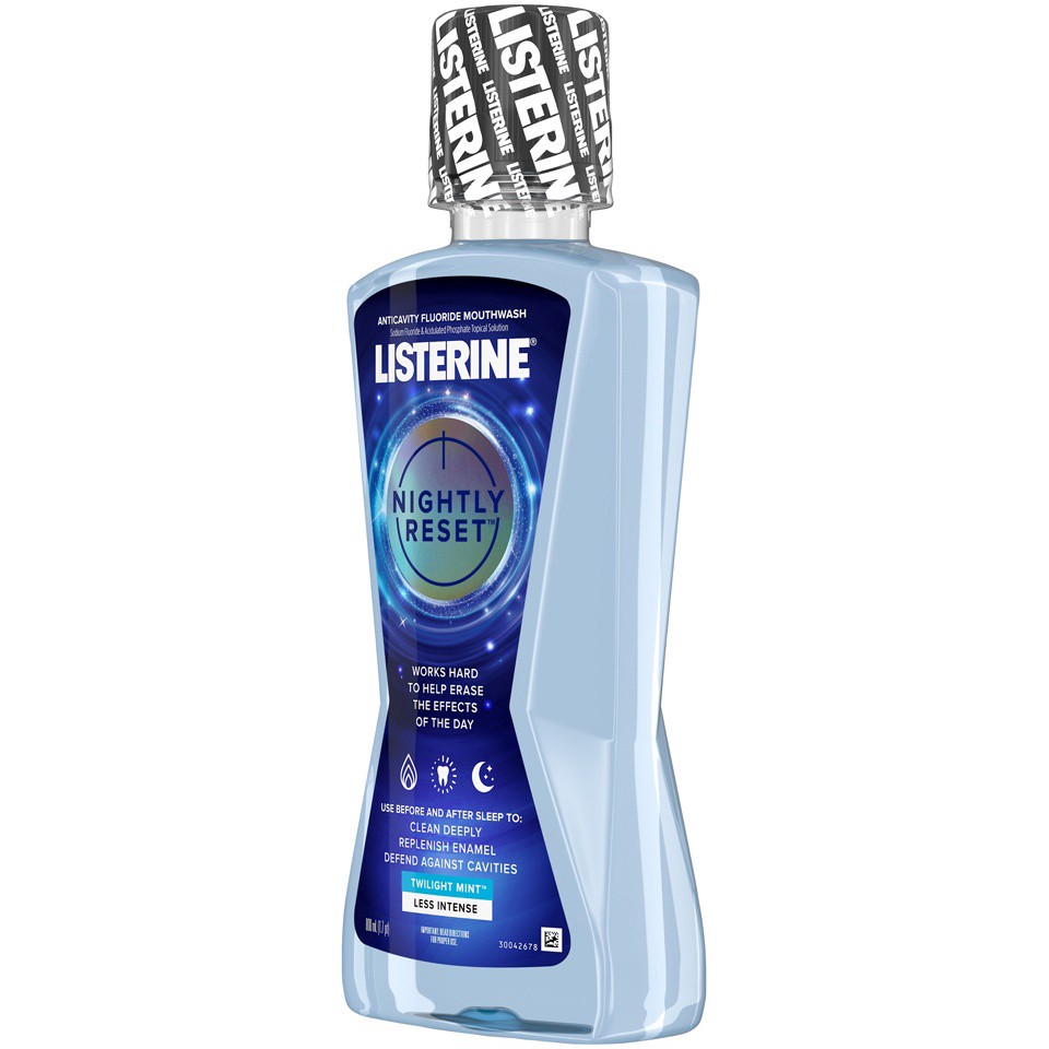 slide 3 of 6, Listerine Nightly Reset Alcohol-Free Anticavity Nighttime Mouthwash, Deep Clean that Fights Bad Breath and Restores Enamel, Twilight Mint Flavor, 27 fl oz