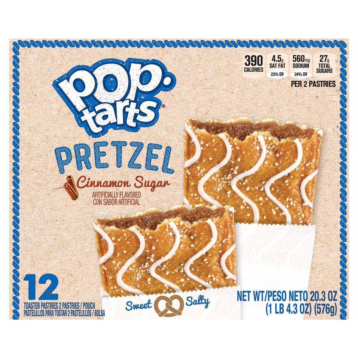 slide 1 of 12, Pop-Tarts Pretzel Toaster Pastries, Cinnamon Sugar, 20.3 oz, 6 Count, 20.3 oz