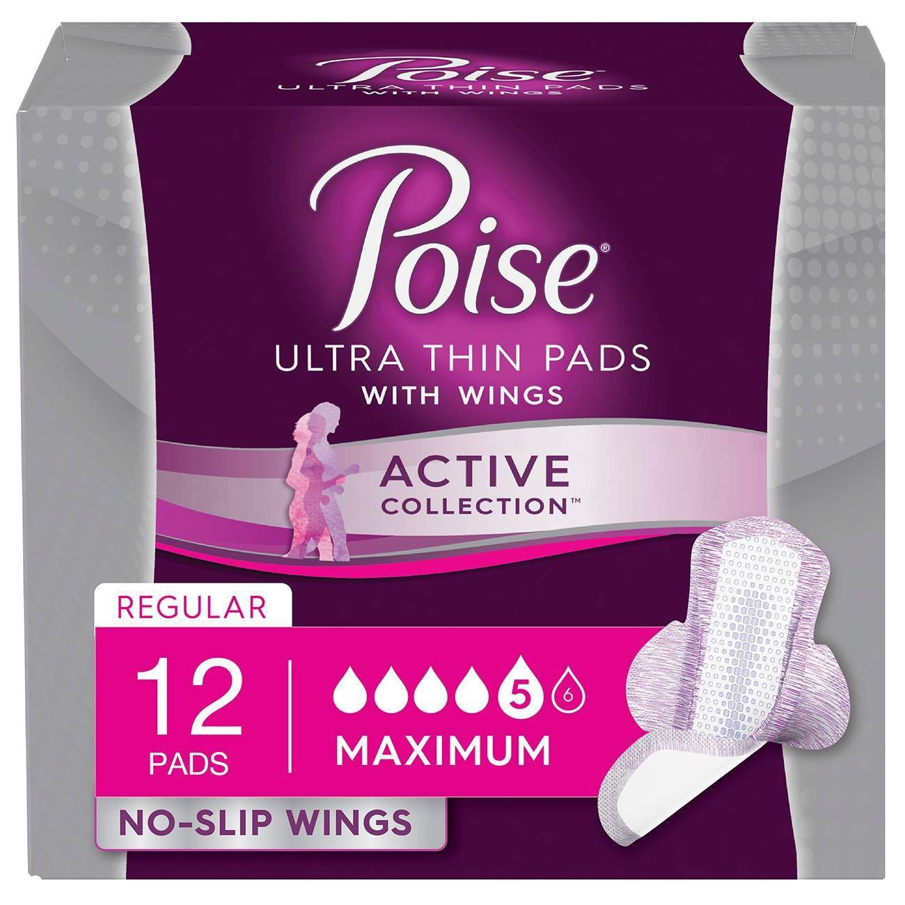 slide 1 of 1, Poise Active Collection Incontinence Pads with Wings, Maximum Absorbency, 12 ct