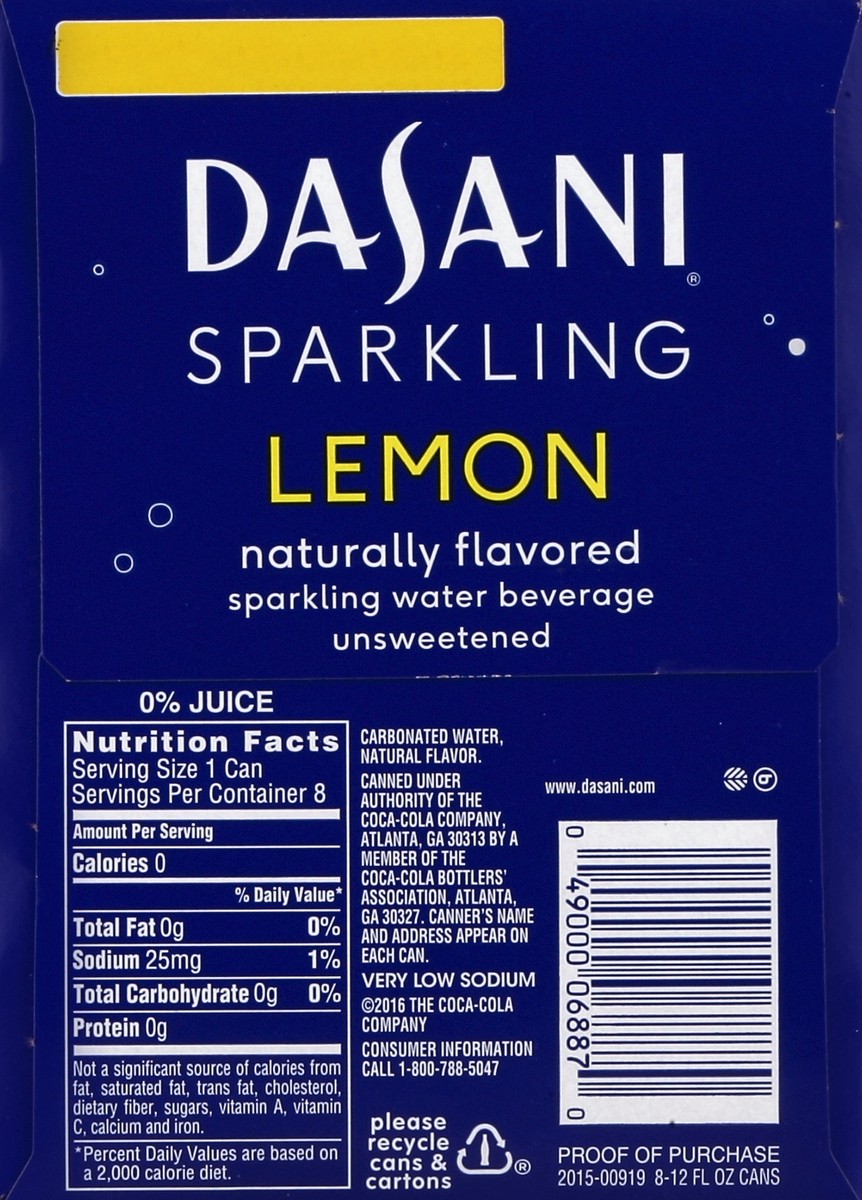 slide 3 of 6, Dasani Lemon Sparkling Water Beverage 8–12 oz. Cans, 8 ct; 12 fl oz