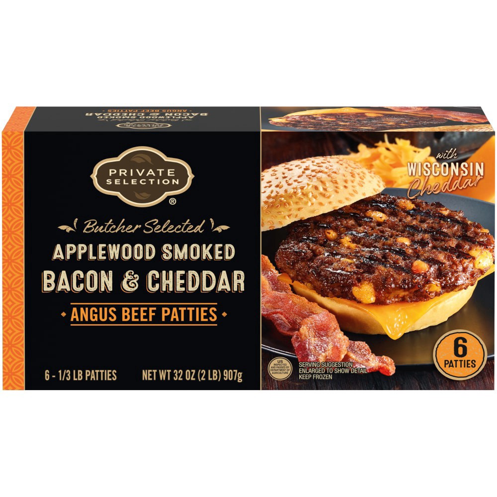 slide 3 of 3, Private Selection Applewood Smoked Bacon & Cheddar Angus Beef Patties, 2 lb