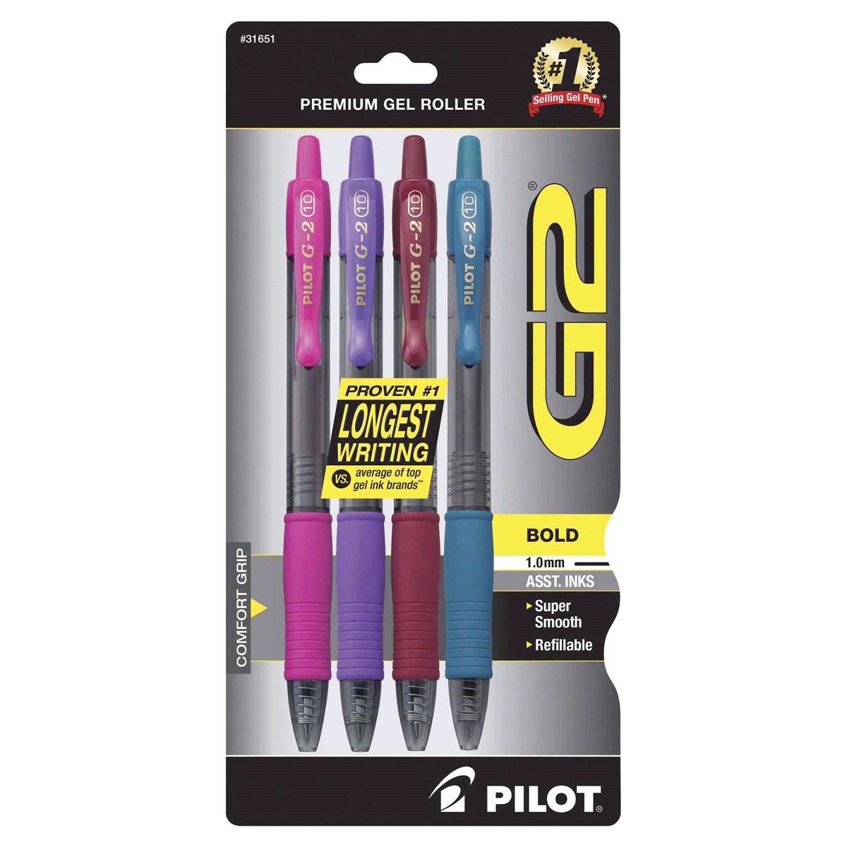 slide 1 of 1, Pilot G2 Premium Retractable Gel Ink Rolling Ball Pen, Bold Point, Assorted Ink (Pink, Purple, Burgundy, Teal), 4 ct