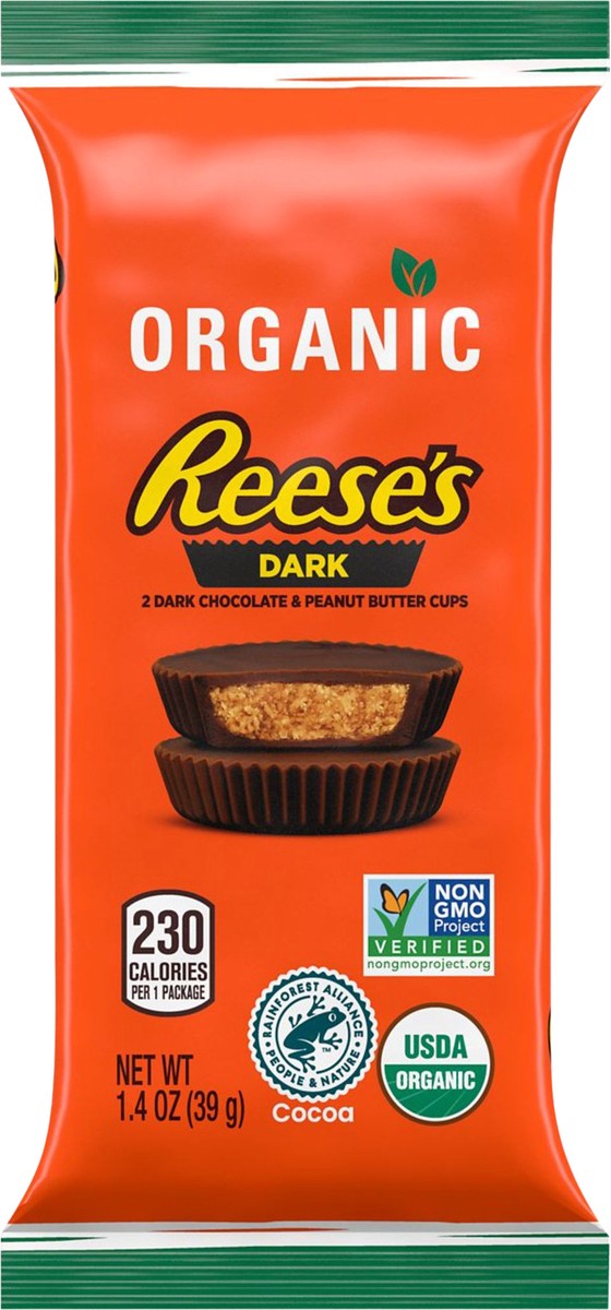 slide 4 of 6, Reese's Organic Dark Chocolate Peanut Butter Cups Candy, Movie Snack, 1.4 oz, Pack (2 Count), 7.37 oz