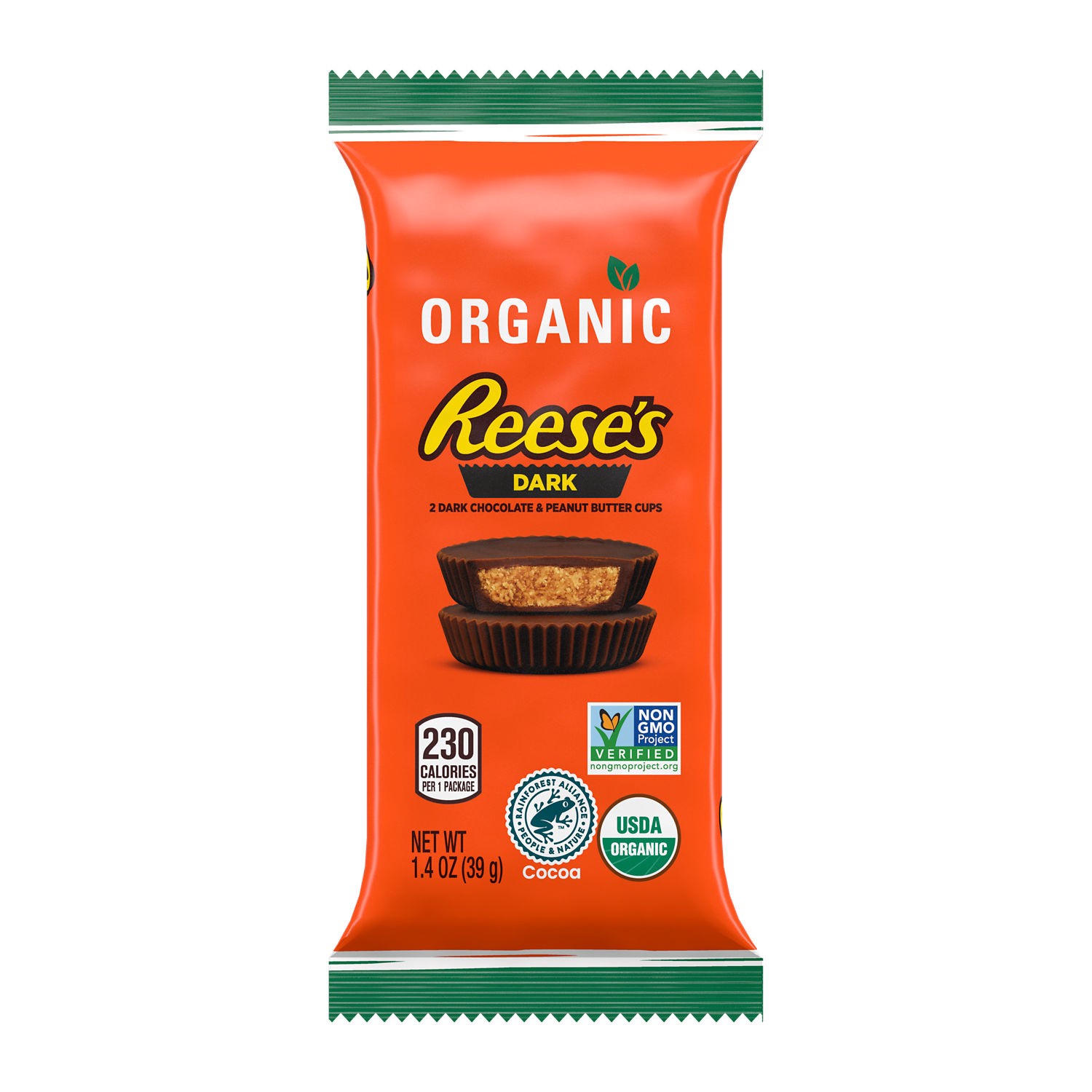 slide 1 of 6, Reese's Organic Dark Chocolate Peanut Butter Cups Candy, Movie Snack, 1.4 oz, Pack (2 Count), 7.37 oz