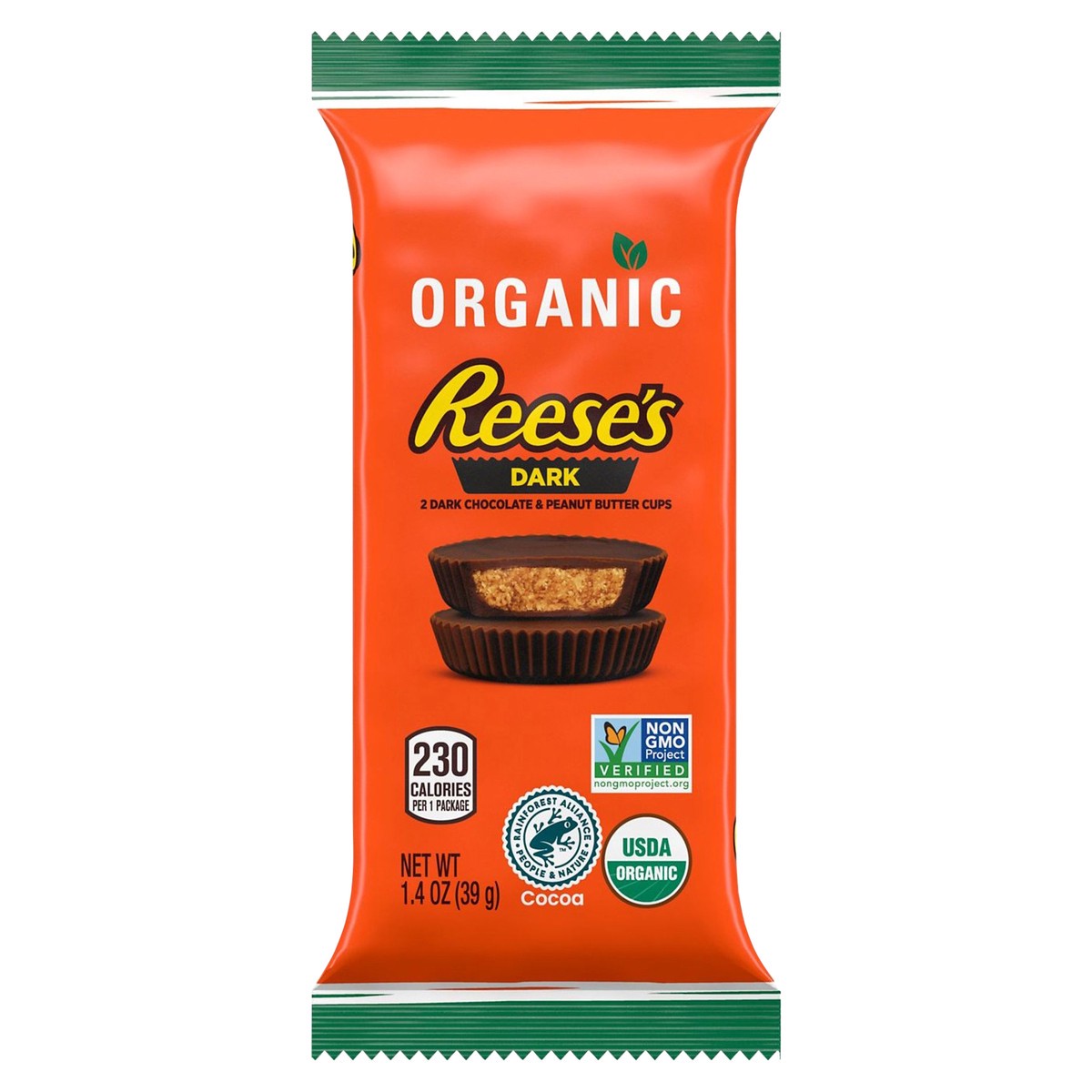 slide 6 of 6, Reese's Organic Dark Chocolate Peanut Butter Cups Candy, Movie Snack, 1.4 oz, Pack (2 Count), 7.37 oz