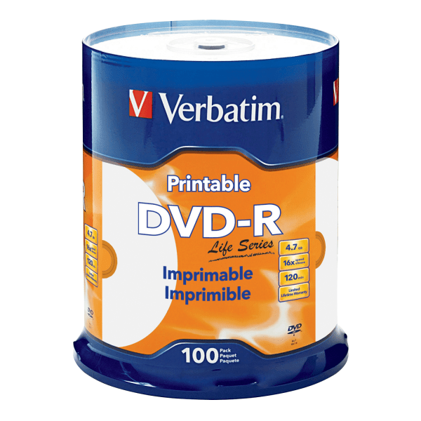 slide 1 of 1, Verbatim Life Series Dvd-R Printable Disc Spindle, Pack Of 100, 100 ct