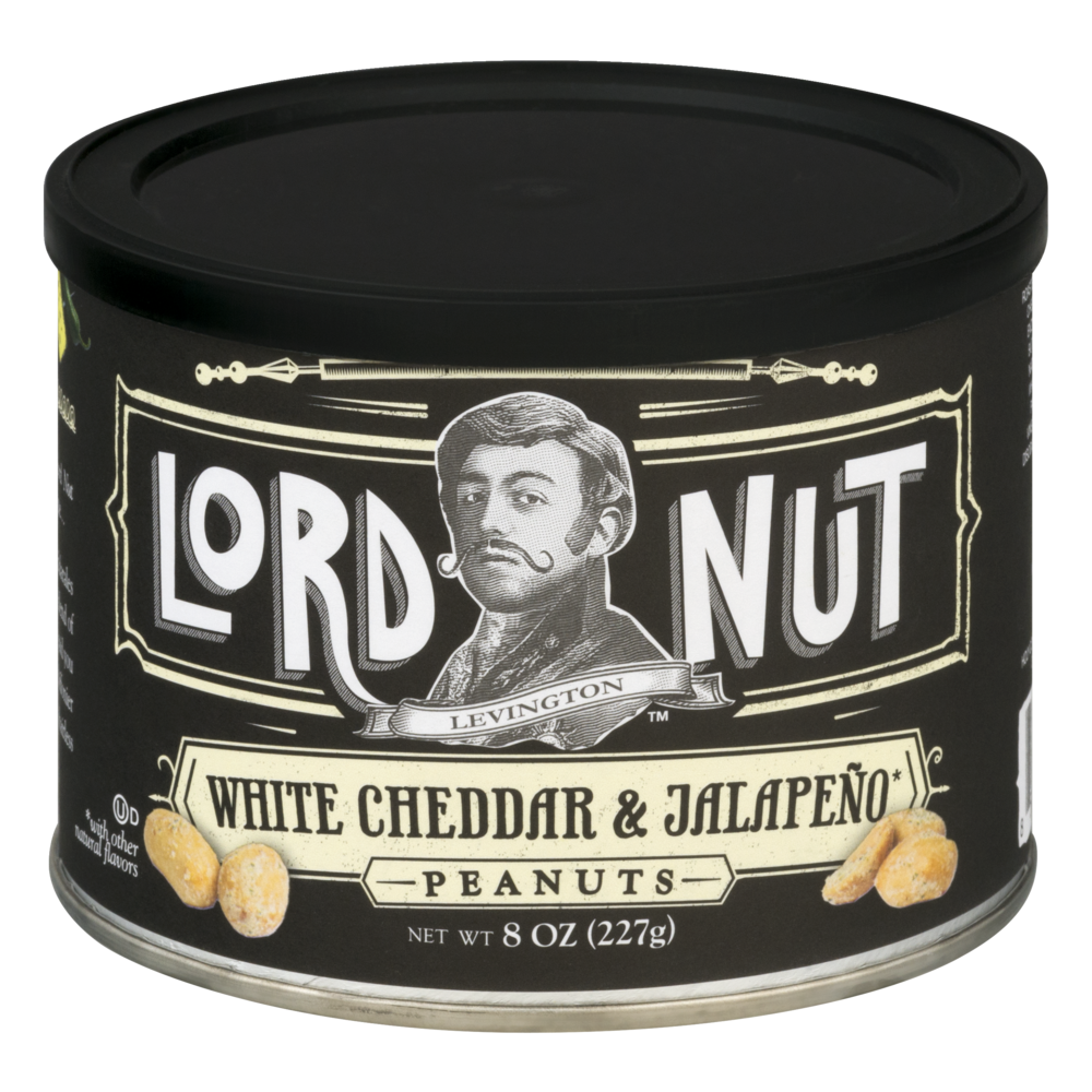 slide 1 of 2, Lord Nut Levington Peanuts White Cheddar & Jalapeno Can, 8 oz