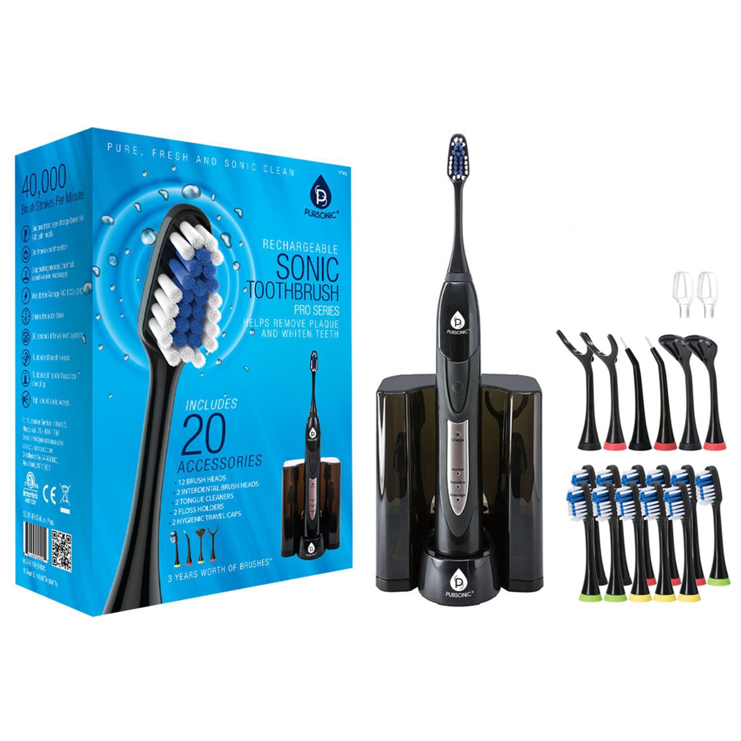 slide 1 of 1, Pursonic Rechargeable Pro Series Sonic Toothbrush And 20Pc Accessories, 1 ct
