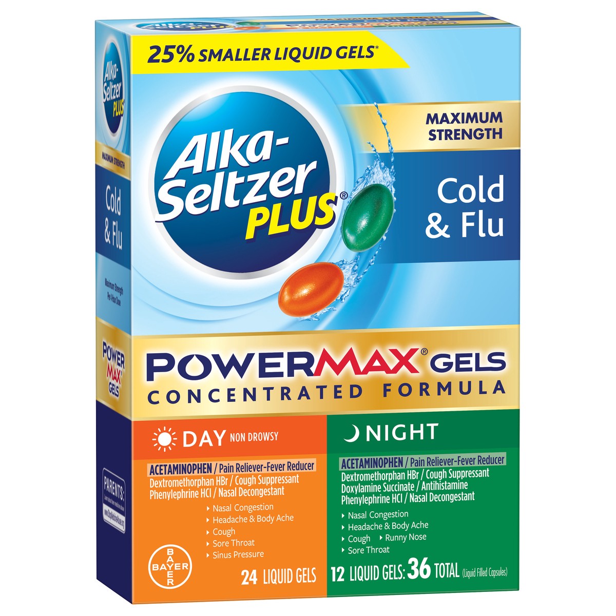 slide 2 of 8, Alka-Seltzer PowerMax Gels Day/Night Cold & Flu, 36 ct