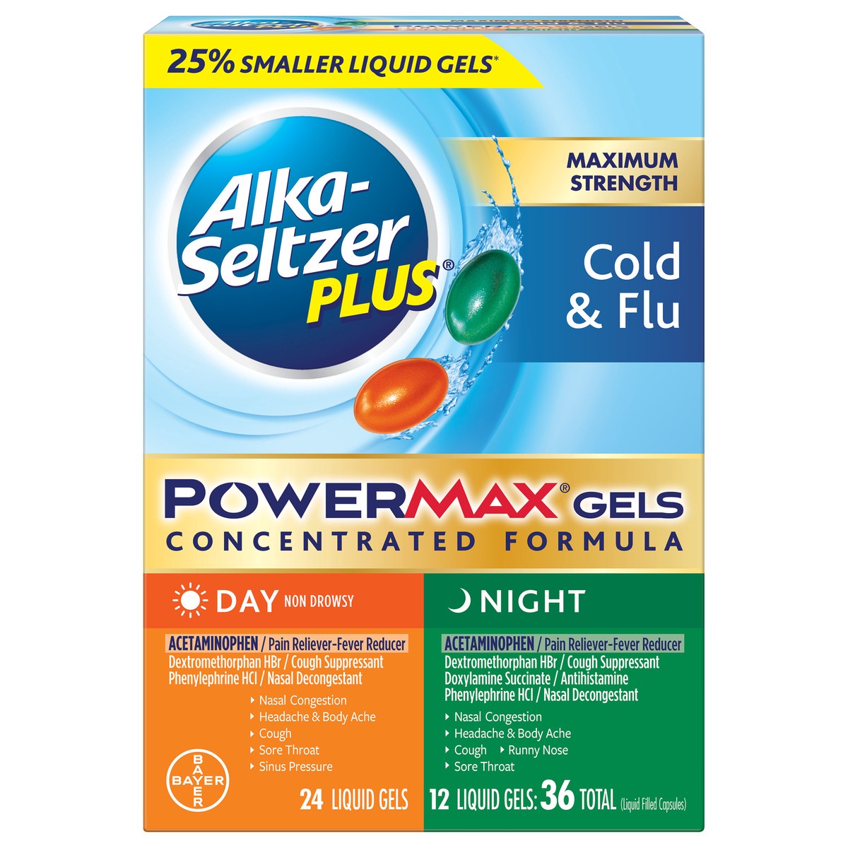 slide 1 of 8, Alka-Seltzer PowerMax Gels Day/Night Cold & Flu, 36 ct
