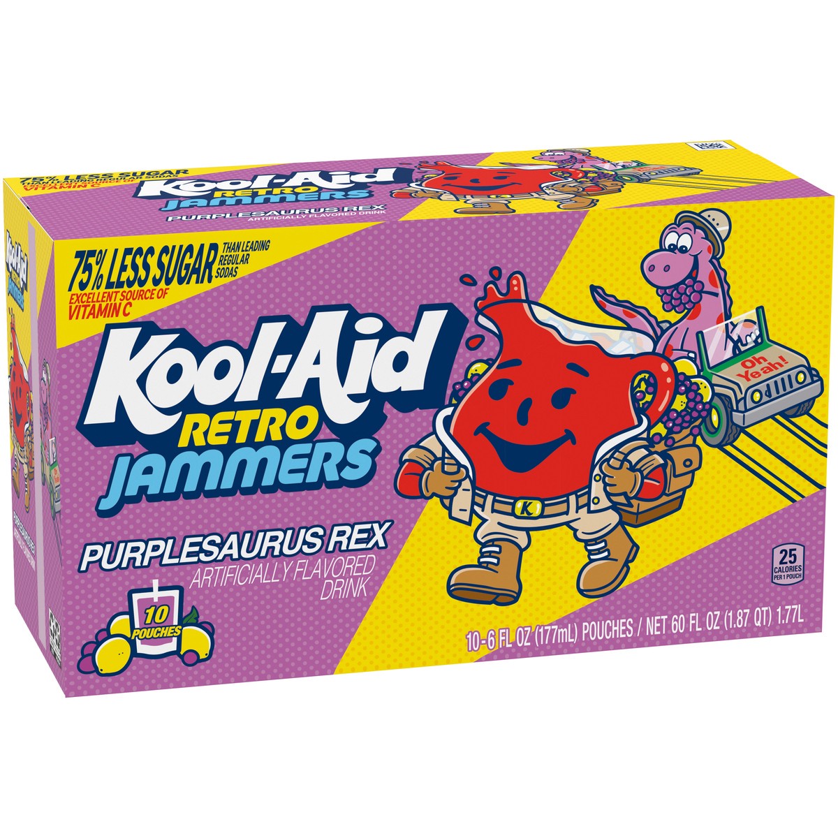 slide 9 of 9, Kool-Aid Retro Jammers Purplesaurus Rex Grape Lemonade Flavored 0% Juice Drink, 10 ct Box, 6 fl oz Pouches, 10 ct