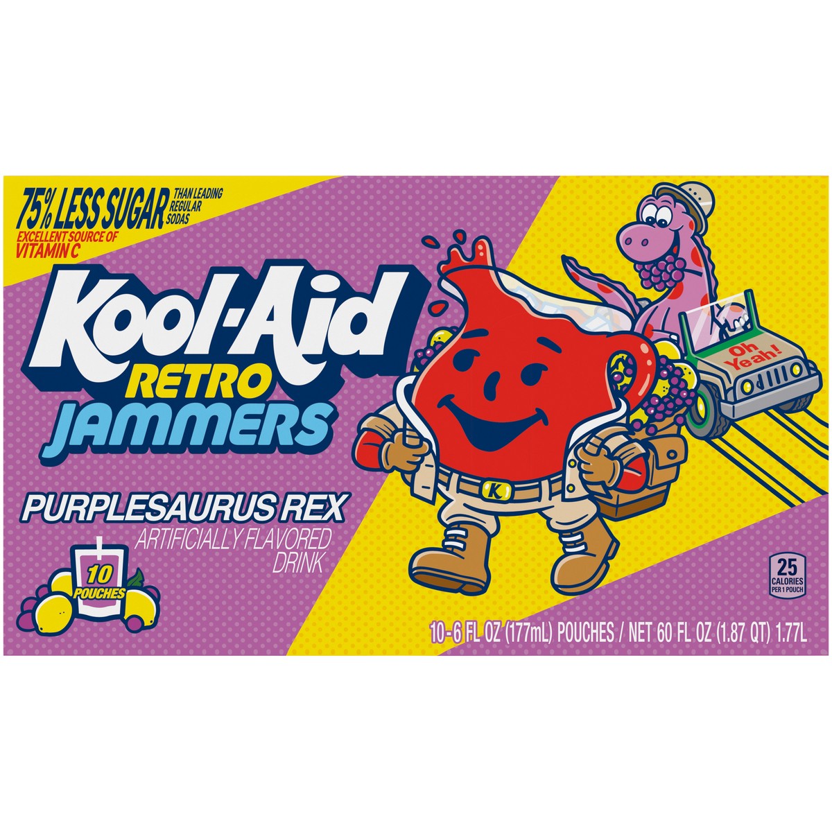 slide 6 of 9, Kool-Aid Retro Jammers Purplesaurus Rex Grape Lemonade Flavored 0% Juice Drink, 10 ct Box, 6 fl oz Pouches, 10 ct