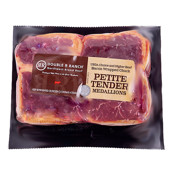 slide 1 of 1, Doublerran Double R Ranch Bacon Wrapped Petite Tender Steak Medallions, per lb