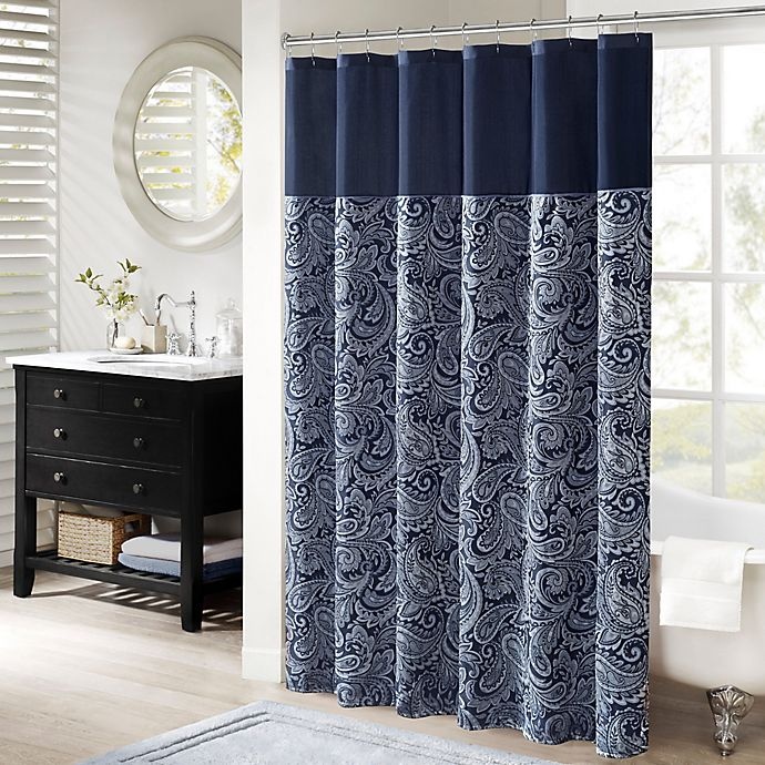 slide 1 of 4, Madison Park Aubrey Jacquard Shower Curtain - Navy, 1 ct