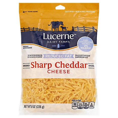 slide 1 of 1, Lucerne Dairy Farms Lucerne Cheese Shredded Sharp Cheddar Reduced Fat, 8 oz