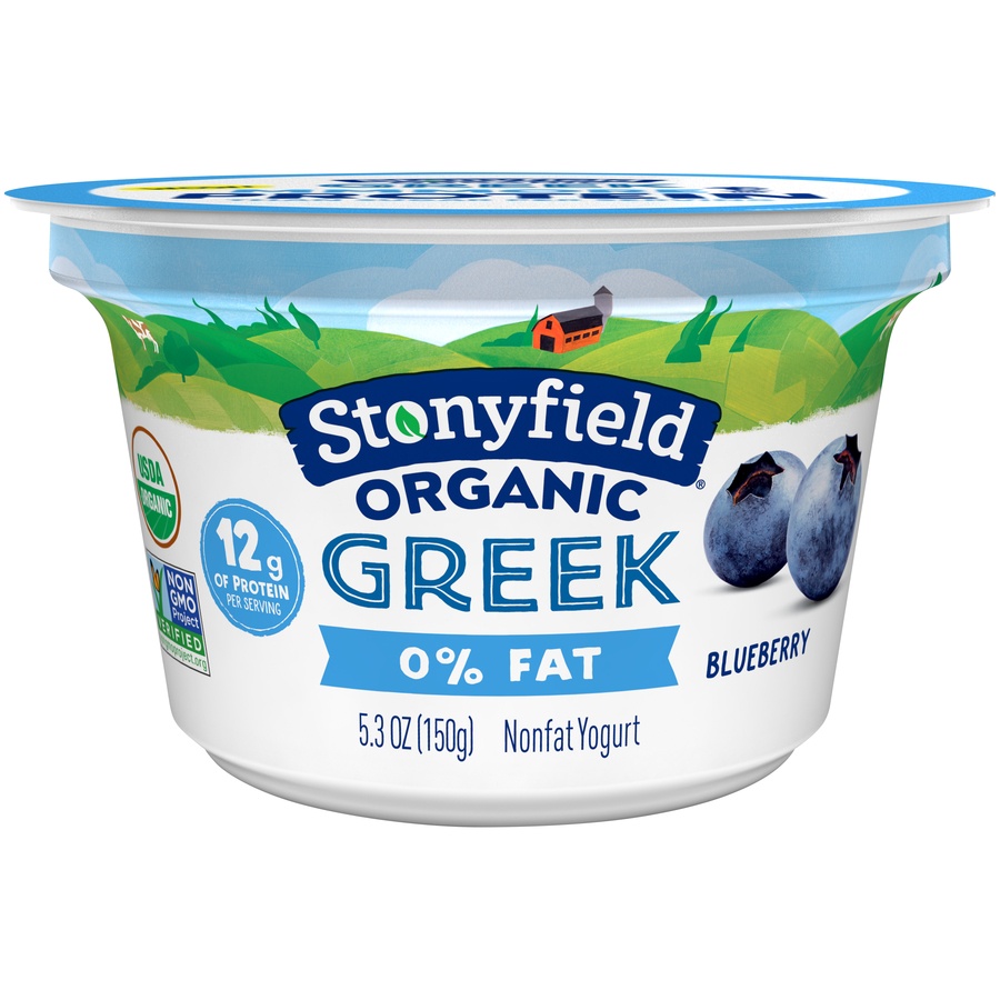 slide 1 of 1, Stonyfield Organic 0% Fat Blueberry Greek Style Yogurt, 5.3 oz