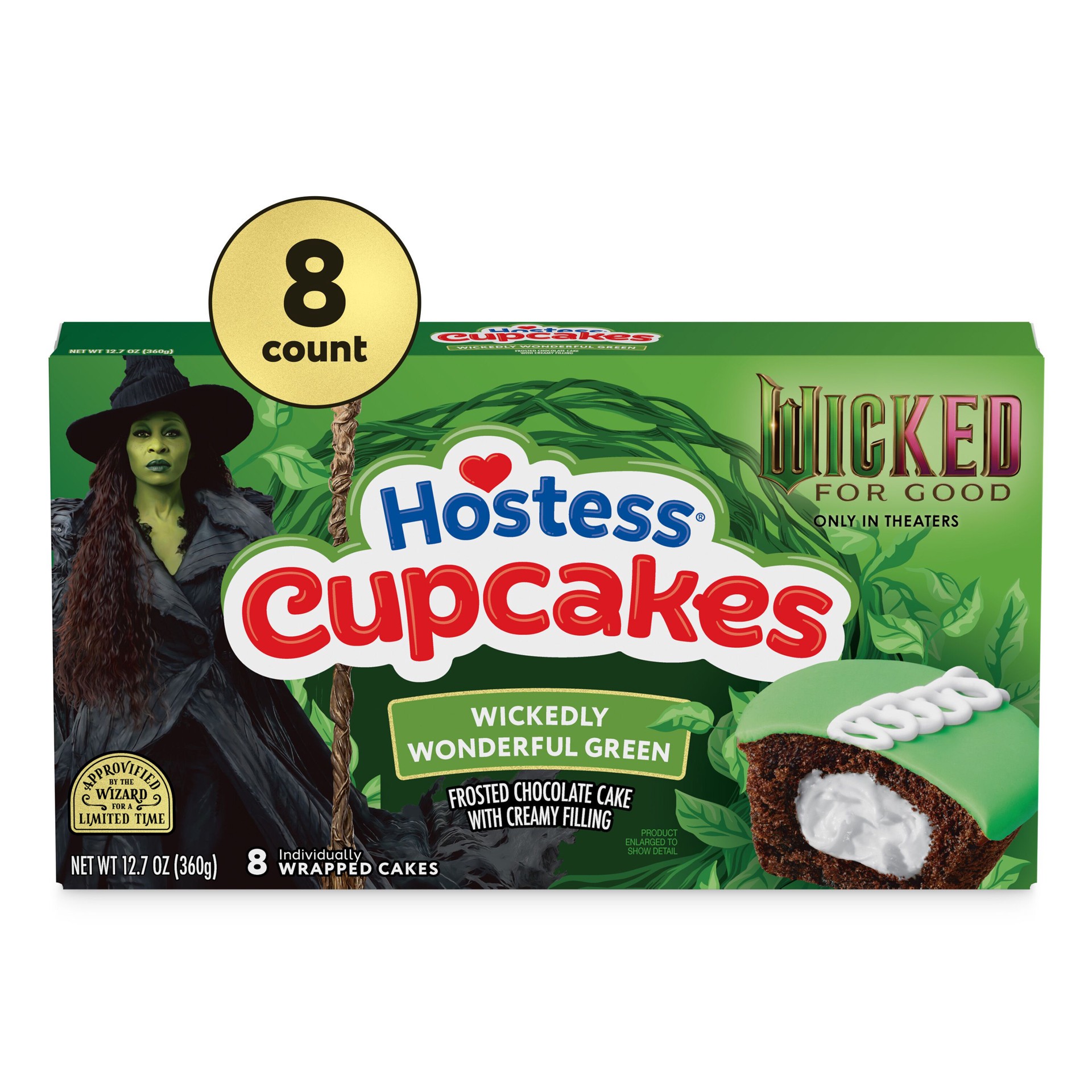 slide 7 of 8, Hostess Wicked: For Good Cupcakes, Chocolate Snack Cakes with Wickedly Wonderful Green Frosting, 12.7 Oz. Box (8 Ct.), 8 ct