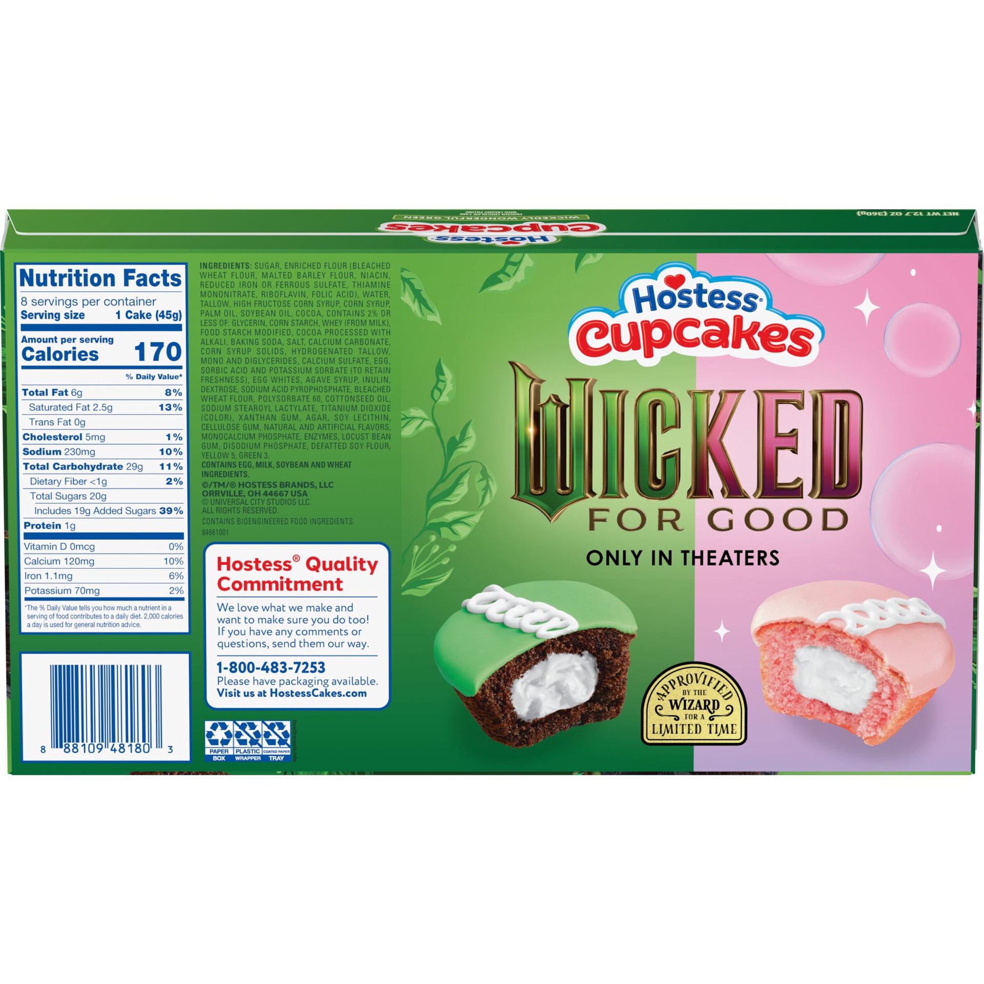 slide 6 of 8, Hostess Wicked: For Good Cupcakes, Chocolate Snack Cakes with Wickedly Wonderful Green Frosting, 12.7 Oz. Box (8 Ct.), 8 ct