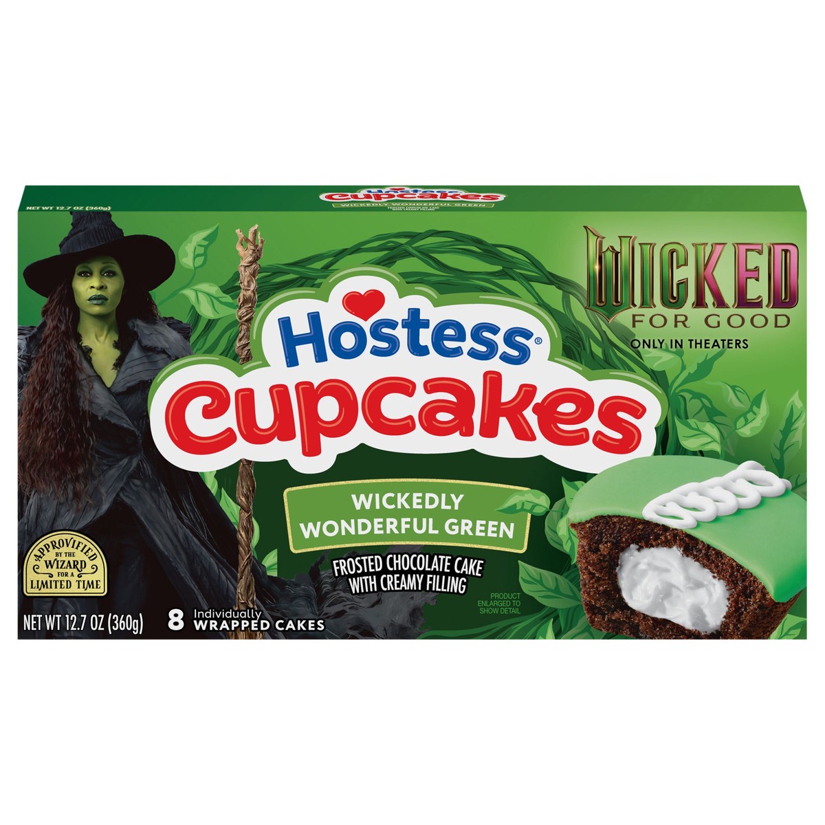 slide 1 of 8, Hostess Wicked: For Good Cupcakes, Chocolate Snack Cakes with Wickedly Wonderful Green Frosting, 12.7 Oz. Box (8 Ct.), 8 ct