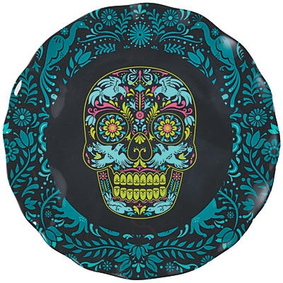 slide 1 of 1, Destination Holiday Day Of The Dead Sugar Skull Melamine Round Platter, 16 in