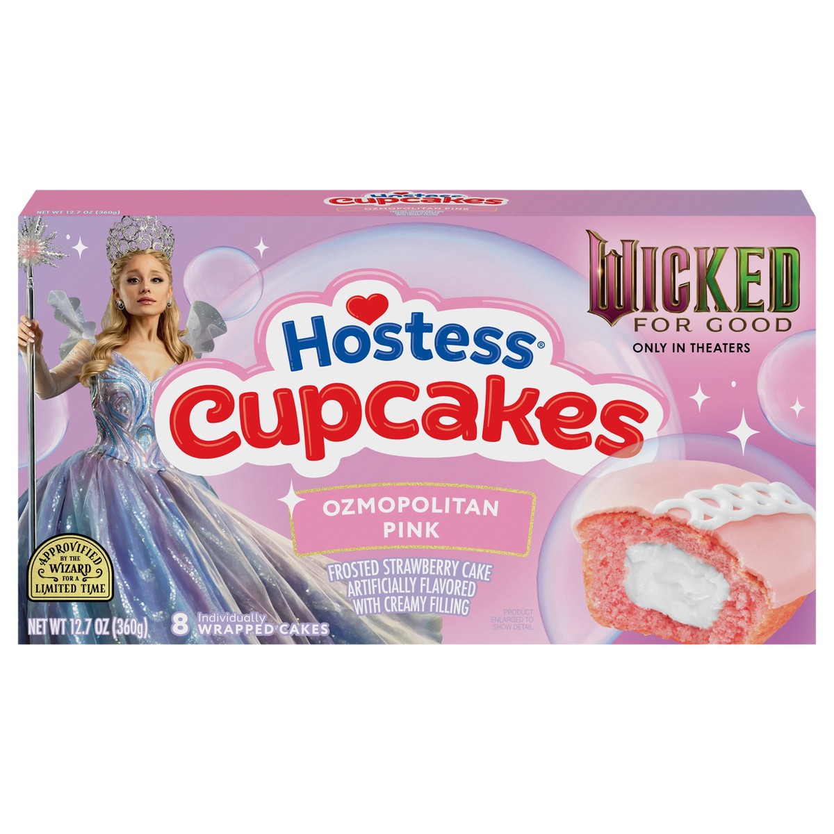 slide 1 of 8, Hostess Wicked: For Good Cupcakes, Strawberry Artificially Flavored Snack Cakes with Ozmopolitan Pink Frosting, 12.7 Oz. Box (8 Ct.), 8 ct
