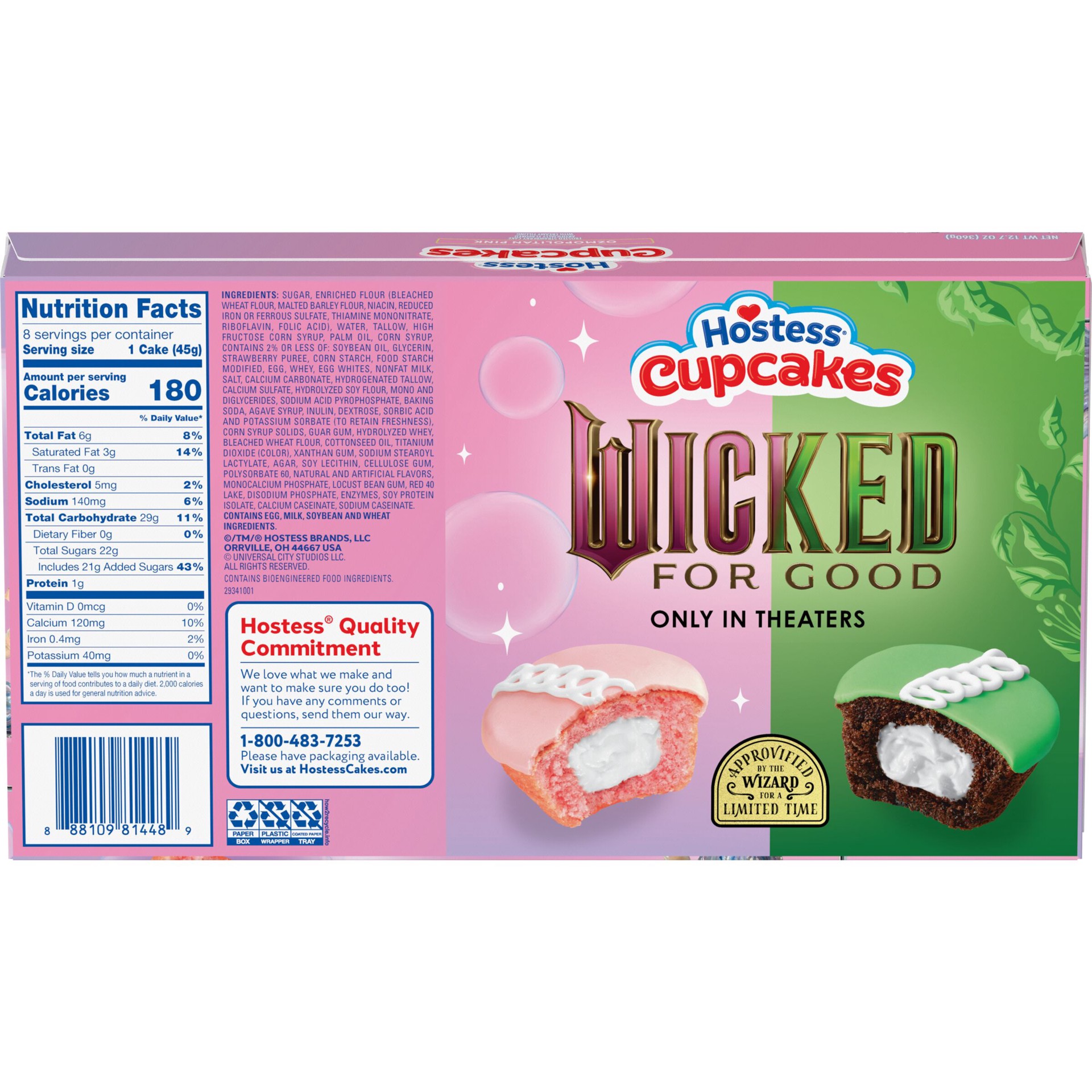 slide 3 of 8, Hostess Wicked: For Good Cupcakes, Strawberry Artificially Flavored Snack Cakes with Ozmopolitan Pink Frosting, 12.7 Oz. Box (8 Ct.), 8 ct