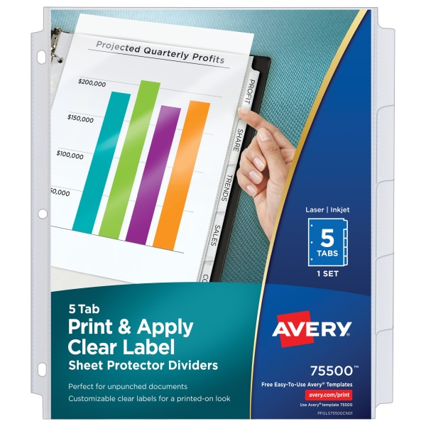 slide 1 of 10, Avery Print & Apply Clear Label Sheet Protector Dividers With Index Maker Easy Peel Printable Labels, 5-Tab Set, 1 ct