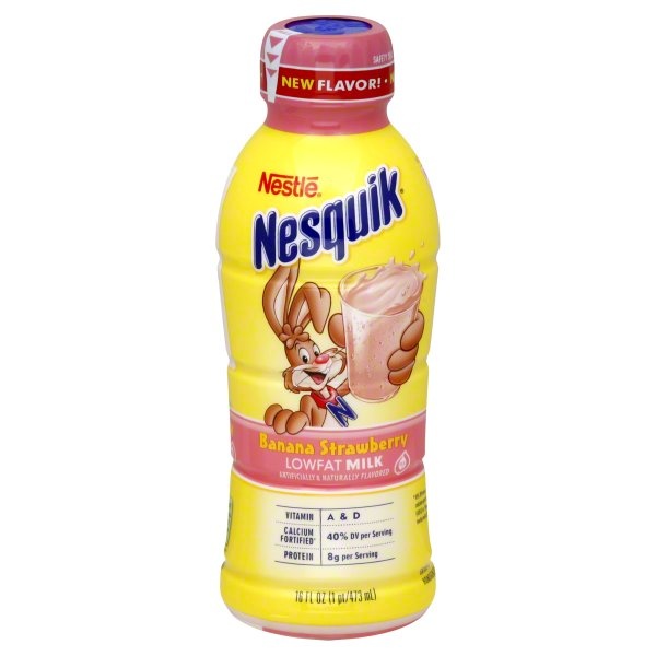 slide 1 of 1, Nesquik Milk, Lowfat, 1% Milkfat, Banana Strawberry - 1/2 qt, 1/2 qt