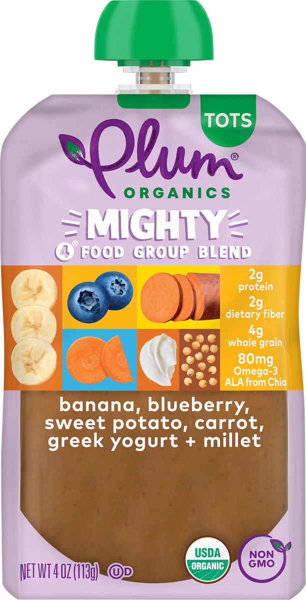 slide 6 of 8, Plum Organics Mighty 4 Food Group Blend Banana, Blueberry, Sweet Potato, Carrot, Greek Yogurt & Millet 4oz Pouch, 4 oz