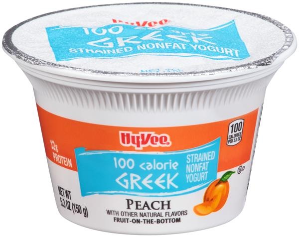 slide 1 of 1, Hy-vee Peach Fruit On The Bottom Greek Strained Nonfat Yogurt, 5.3 oz