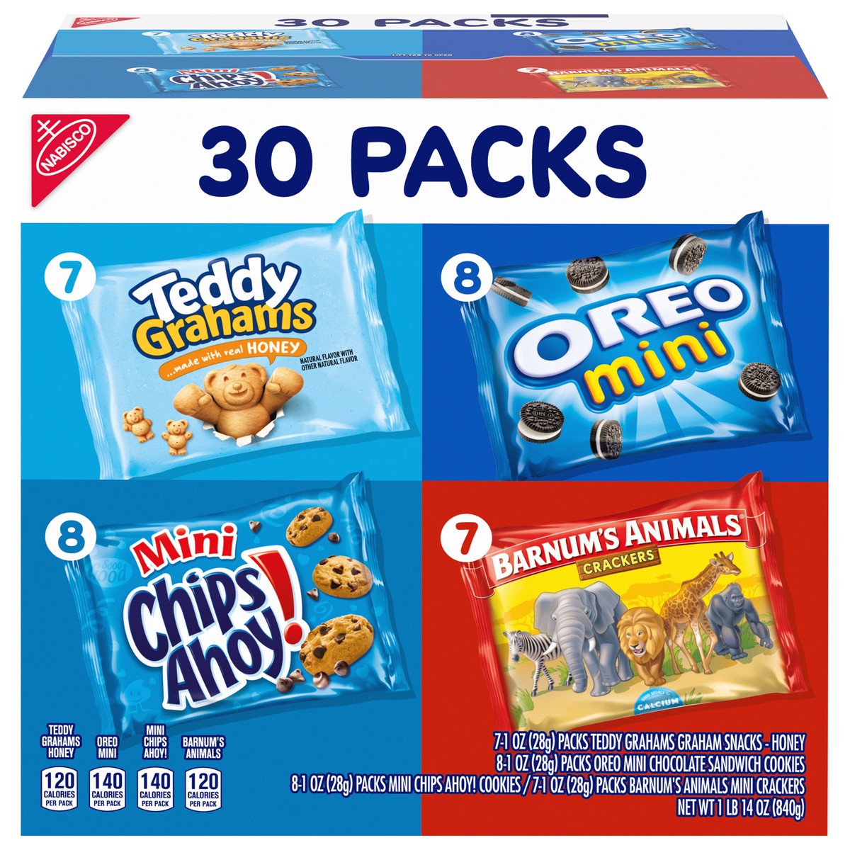 slide 6 of 15, Barnums/Chips Ahoy!/Oreo/Teddy Grahams Nabisco Team Favorites Variety Pack, OREO Mini, CHIPS AHOY! Mini, Teddy Grahams Honey & Barnum's Animal Crackers, 30 Snack Packs, 30 ct