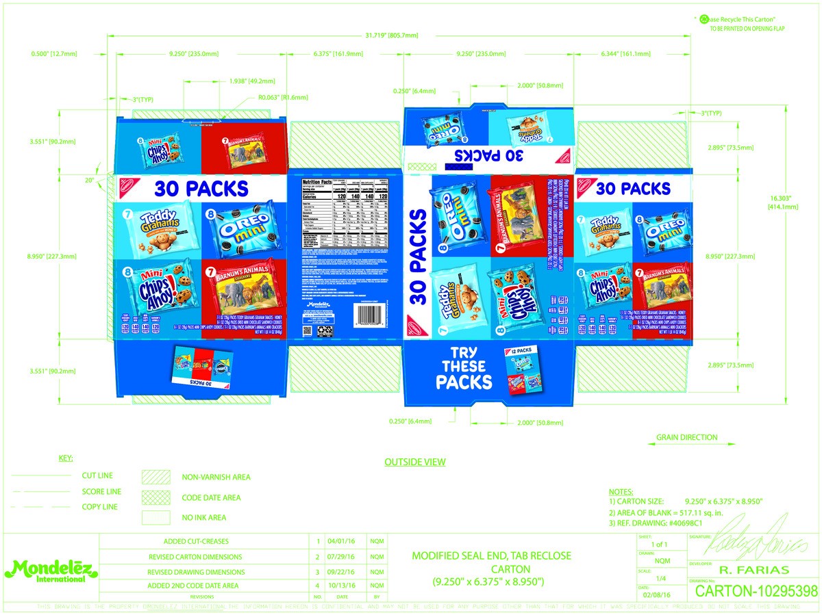 slide 15 of 15, Barnums/Chips Ahoy!/Oreo/Teddy Grahams Nabisco Team Favorites Variety Pack, OREO Mini, CHIPS AHOY! Mini, Teddy Grahams Honey & Barnum's Animal Crackers, 30 Snack Packs, 30 ct