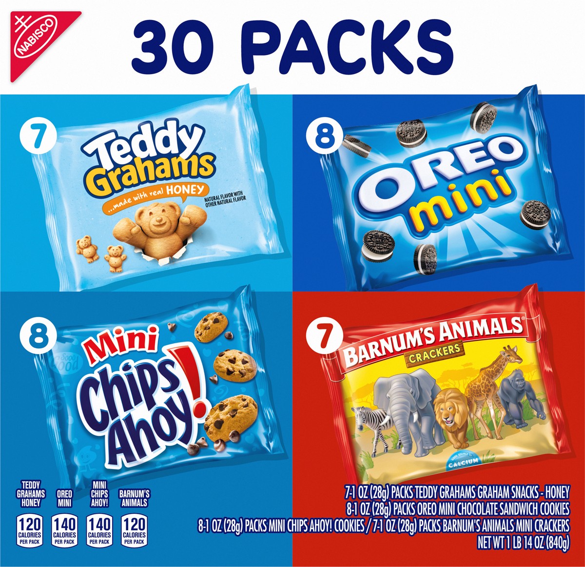 slide 10 of 15, Barnums/Chips Ahoy!/Oreo/Teddy Grahams Nabisco Team Favorites Variety Pack, OREO Mini, CHIPS AHOY! Mini, Teddy Grahams Honey & Barnum's Animal Crackers, 30 Snack Packs, 30 ct