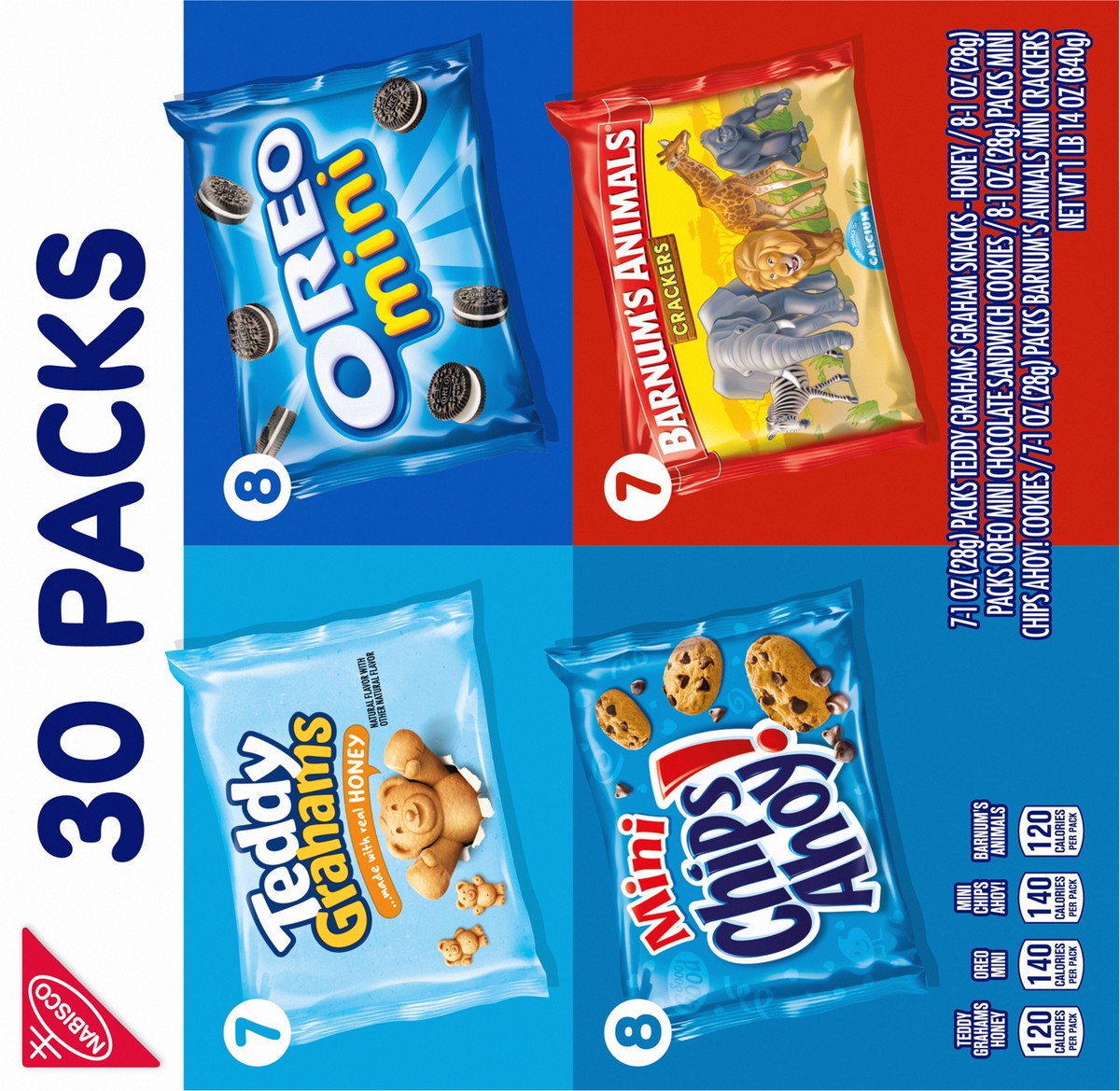 slide 5 of 15, Barnums/Chips Ahoy!/Oreo/Teddy Grahams Nabisco Team Favorites Variety Pack, OREO Mini, CHIPS AHOY! Mini, Teddy Grahams Honey & Barnum's Animal Crackers, 30 Snack Packs, 30 ct