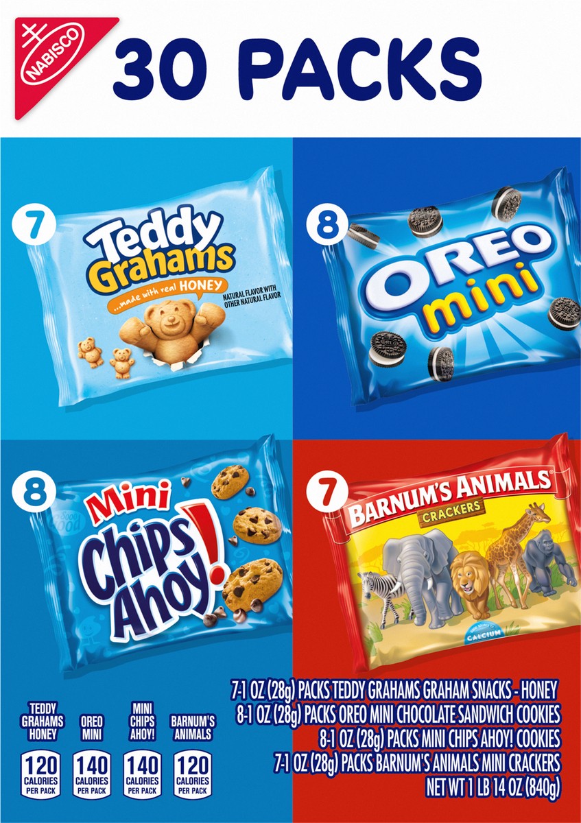 slide 3 of 15, Barnums/Chips Ahoy!/Oreo/Teddy Grahams Nabisco Team Favorites Variety Pack, OREO Mini, CHIPS AHOY! Mini, Teddy Grahams Honey & Barnum's Animal Crackers, 30 Snack Packs, 30 ct