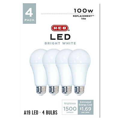 slide 1 of 1, H-E-B A19 100-Watt Bright White LED Light Bulbs, 4 ct