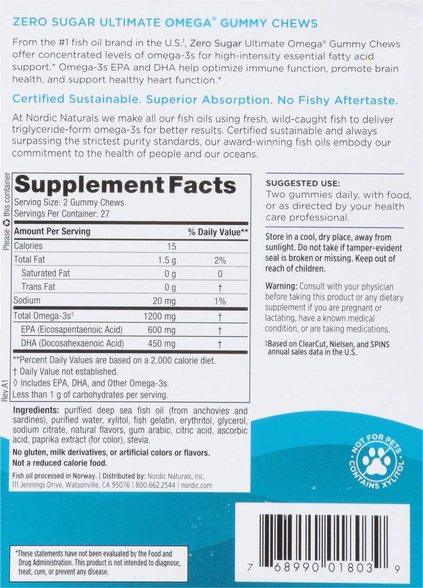 slide 5 of 9, Nordic Naturals Zero Sugar Ultimate Omega Omega-3 Tropical Fruit Gummy Chews, 1 ct
