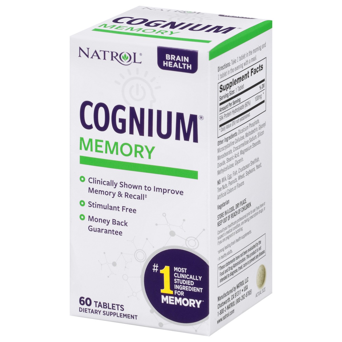 slide 2 of 14, Natrol Cognium Memory Silk Protein Hydrolysate 100mg, Dietary Supplement for Brain Health Support, 60 Tablets, 30 Day Supply, 60 ct